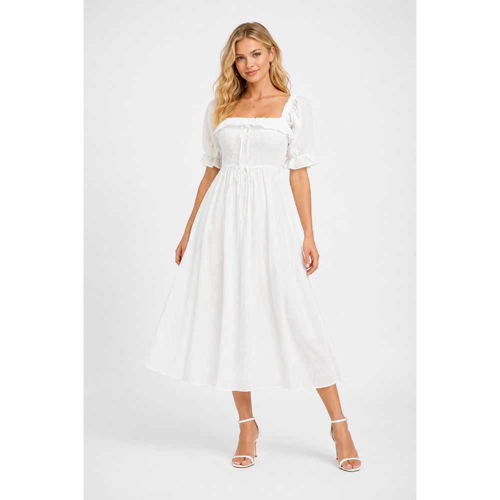 R.YIPOSHA White Swiss Dot Smocked Midi Dress XXL 20/22 Cottagecore Boho Romantic